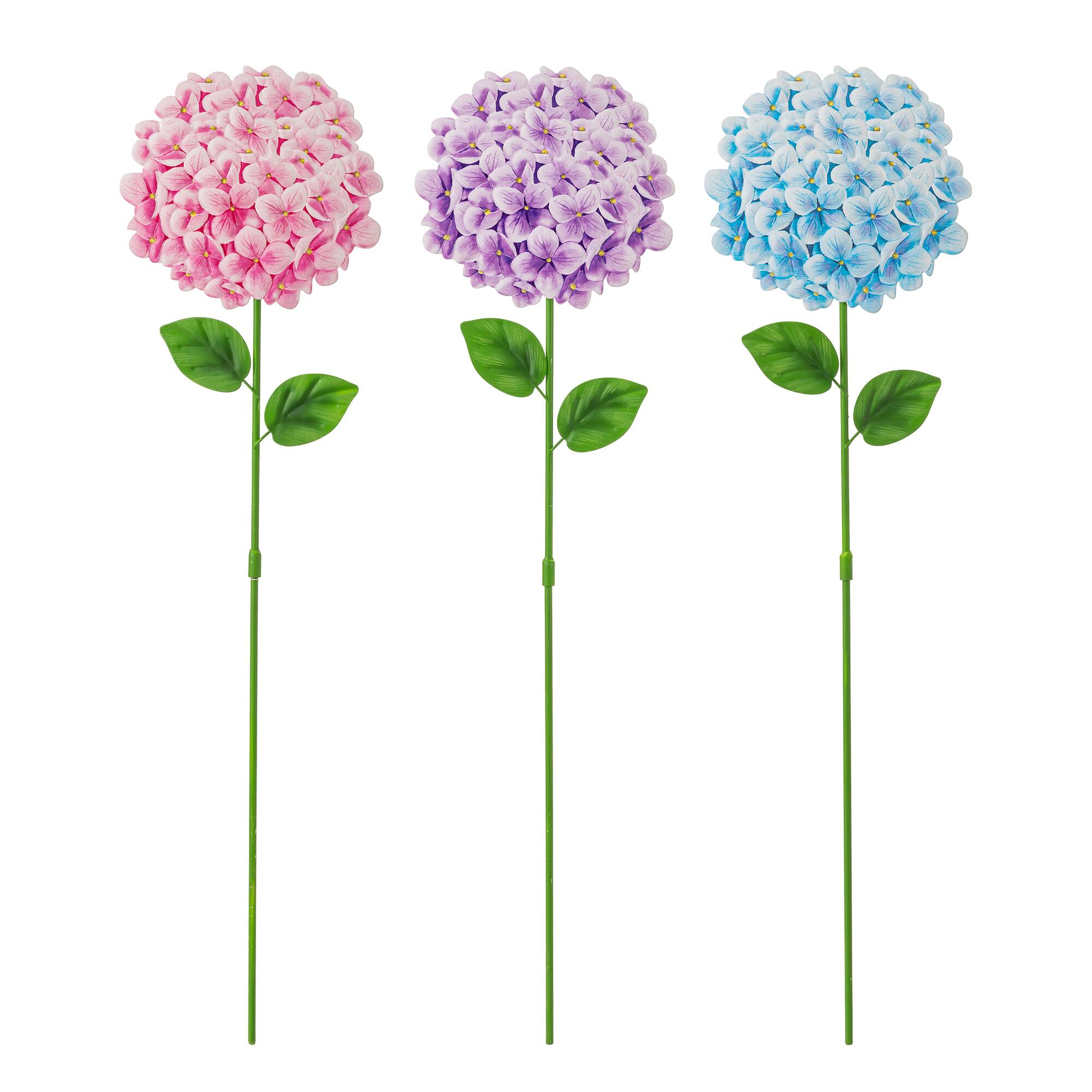 Glitzhome® 24" 2-in-1 Set of 3 Painted Metal Hydrangea Garden Yard Stakes & Wall Decor